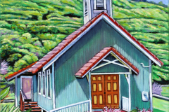 Green-Church-and-Pink-Flowers